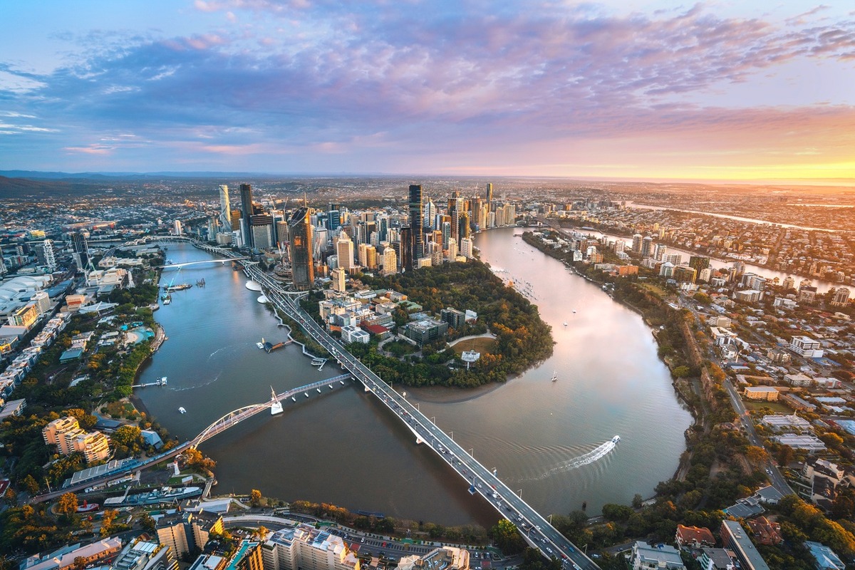 The Brisbane skyline at sunset.